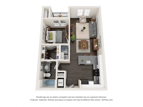 Floor plan for 1 bed, 1 bath, 656 sqft